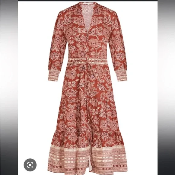 New Veronica Beard Swedie Red rust Floral Cotton Border Print Midi Dress paisley - Picture 4 of 15